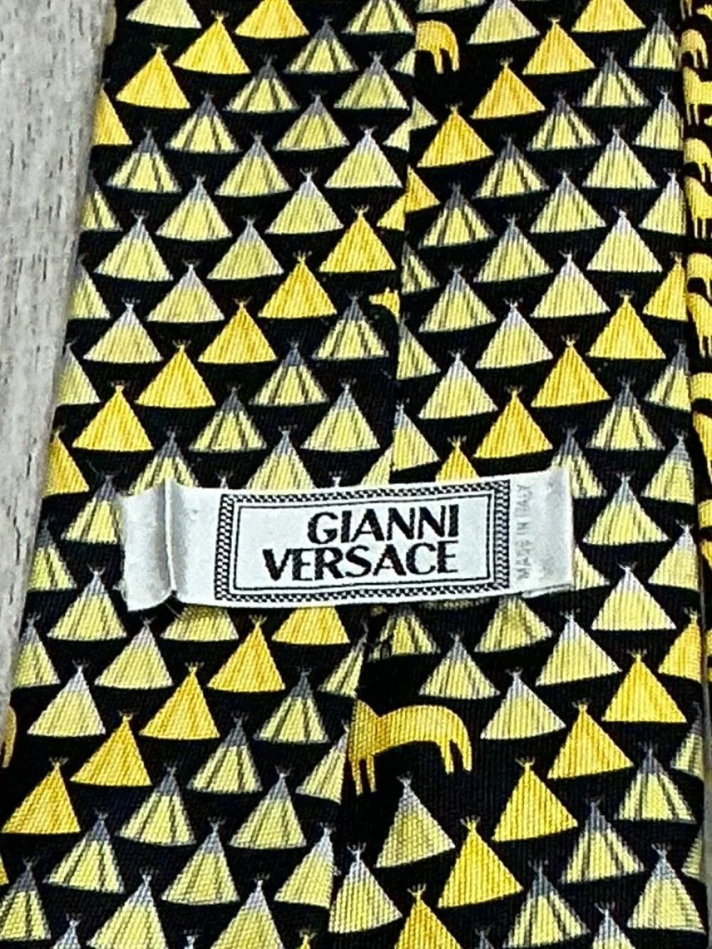 Gianni Versace Silk Tie Black Yellow Geometric Pattern - Flawed